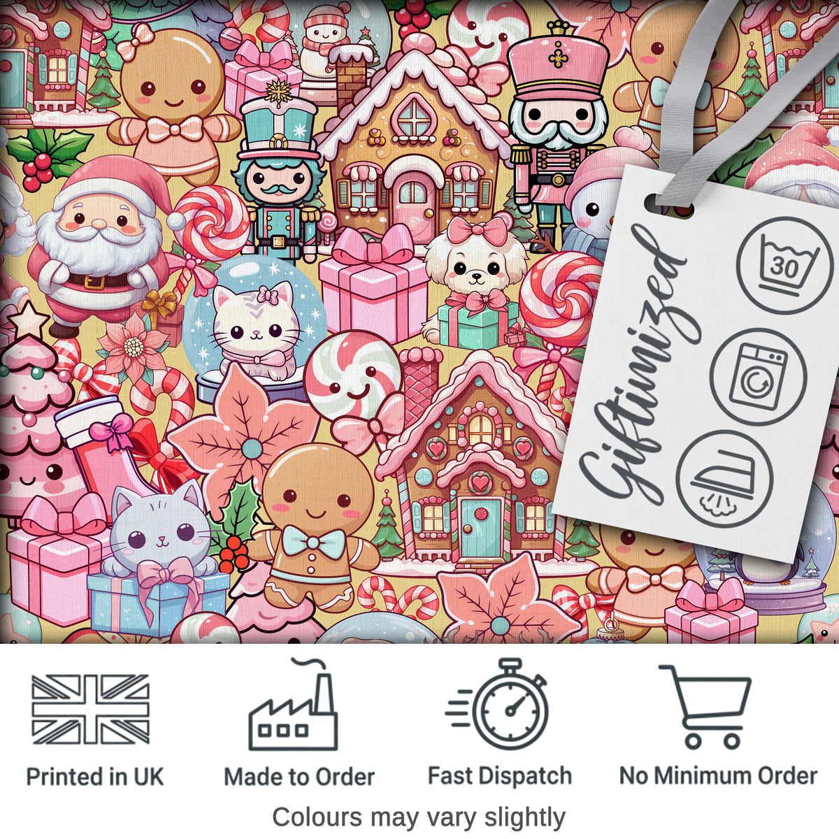 Cute Christmas Gingerbread Candy Warm Beige Background Seamless Pattern Digital Print Fabric by the Metre UK Sewing Quilting Textile