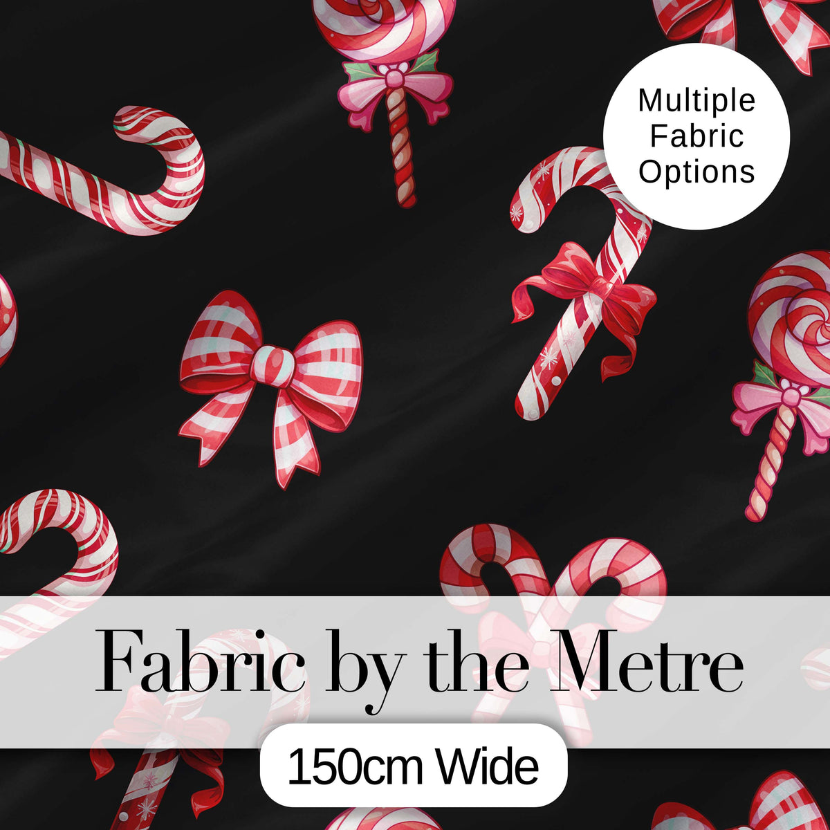 Cute Candy Cane Bows Dark Black Background Seamless Pattern Digital Print Fabric by the Metre UK Sewing Quilting Textile