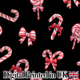 Cute Candy Cane Bows Dark Black Background Seamless Pattern Digital Print Fabric by the Metre UK Sewing Quilting Textile