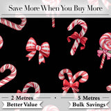 Cute Candy Cane Bows Dark Black Background Seamless Pattern Digital Print Fabric by the Metre UK Sewing Quilting Textile