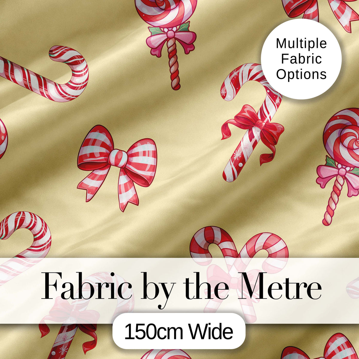 Cute Candy Cane Bows Warm Beige Background Seamless Pattern Digital Print Fabric by the Metre UK Sewing Quilting Textile
