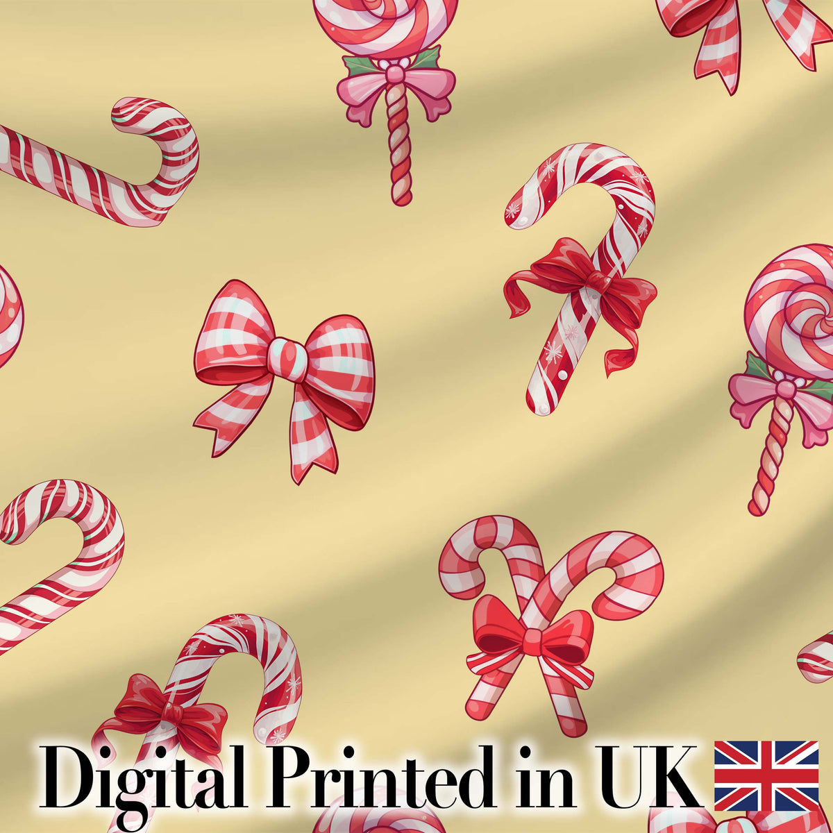 Cute Candy Cane Bows Warm Beige Background Seamless Pattern Digital Print Fabric by the Metre UK Sewing Quilting Textile