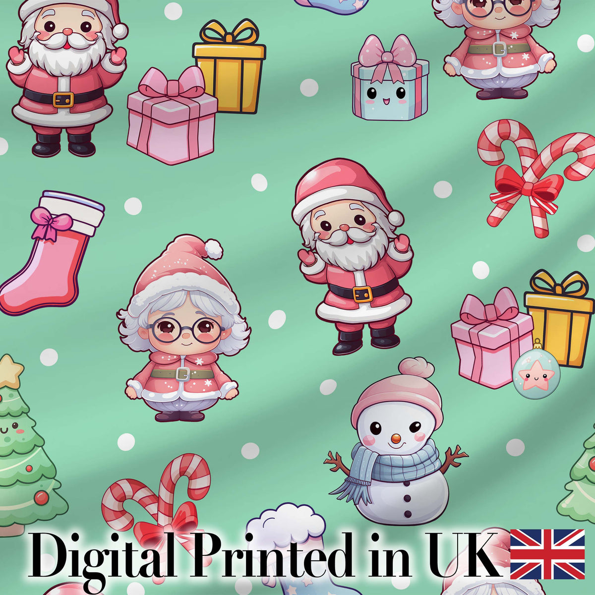 Cute Santa Snowman Gifts Candy Cane Mint Background Seamless Pattern Digital Print Fabric by the Metre UK Sewing Quilting Textile