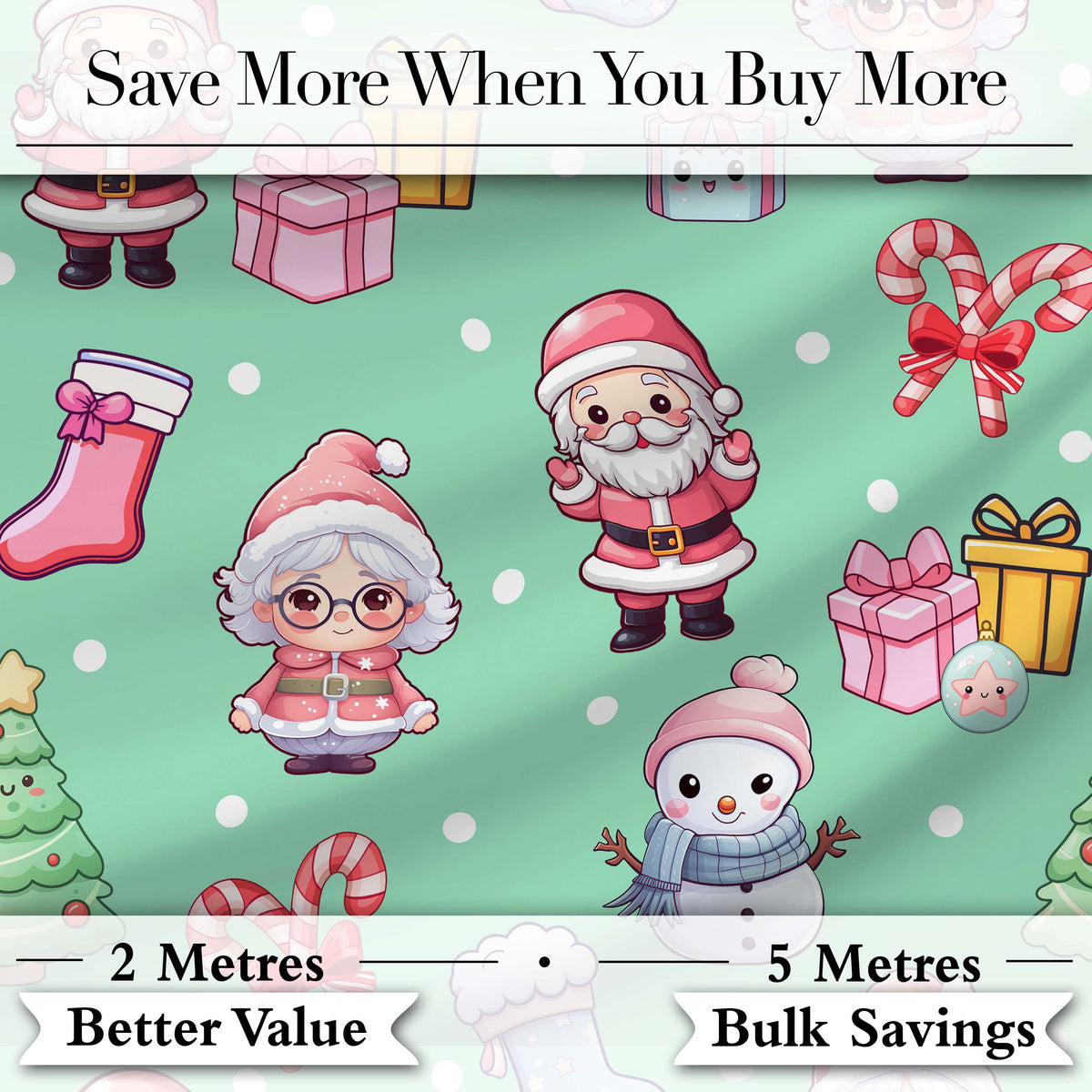 Cute Santa Snowman Gifts Candy Cane Mint Background Seamless Pattern Digital Print Fabric by the Metre UK Sewing Quilting Textile