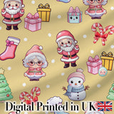 Cute Santa Snowman Gifts Candy Cane Gold Background Seamless Pattern Digital Print Fabric by the Metre UK Sewing Quilting Textile
