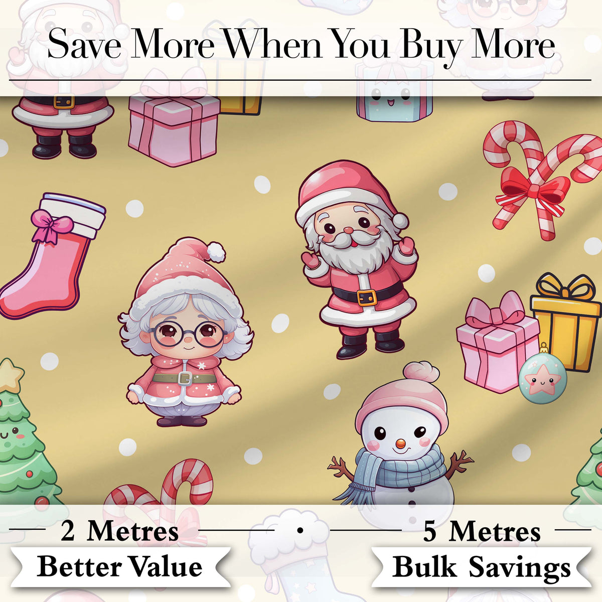 Cute Santa Snowman Gifts Candy Cane Gold Background Seamless Pattern Digital Print Fabric by the Metre UK Sewing Quilting Textile