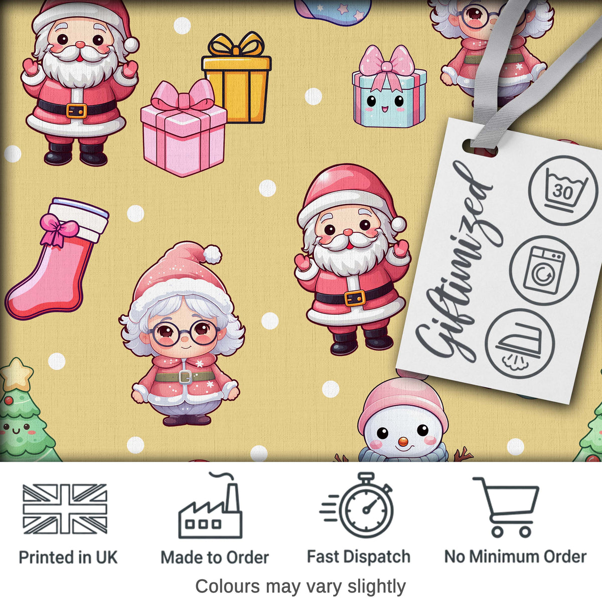Cute Santa Snowman Gifts Candy Cane Gold Background Seamless Pattern Digital Print Fabric by the Metre UK Sewing Quilting Textile