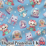 Cute Cute Kittens Puppies Snow Globes Blue Background Seamless Pattern Digital Print Fabric by the Metre UK Sewing Quilting Textile