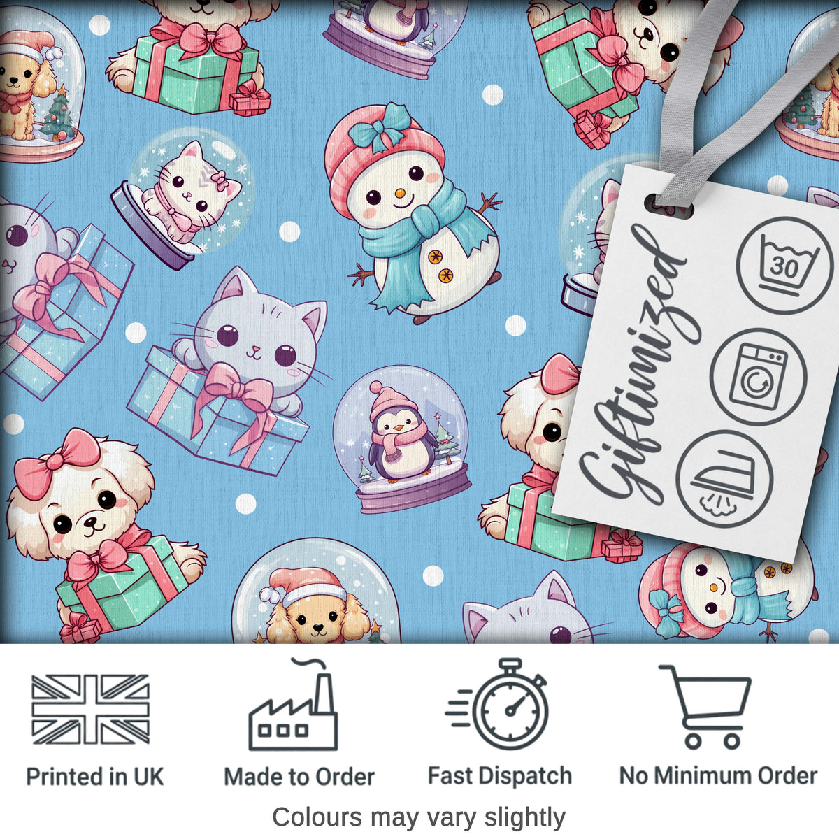 Cute Cute Kittens Puppies Snow Globes Blue Background Seamless Pattern Digital Print Fabric by the Metre UK Sewing Quilting Textile