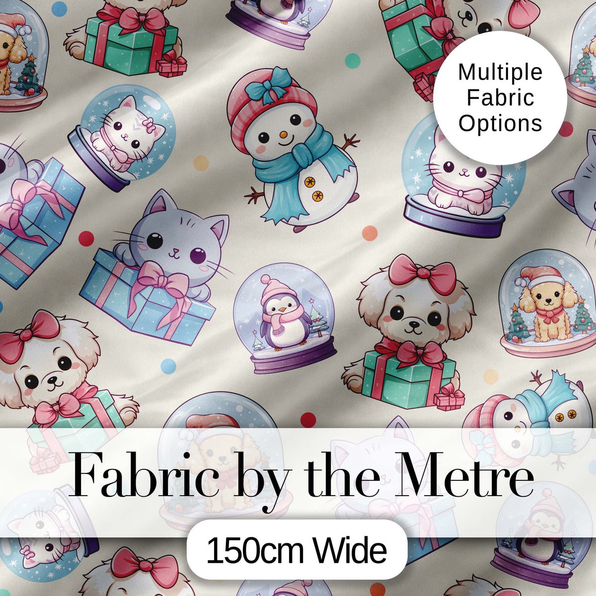 Cute Cute Kittens Puppies Snow Globes Cream Background Seamless Pattern Digital Print Fabric by the Metre UK Sewing Quilting Textile