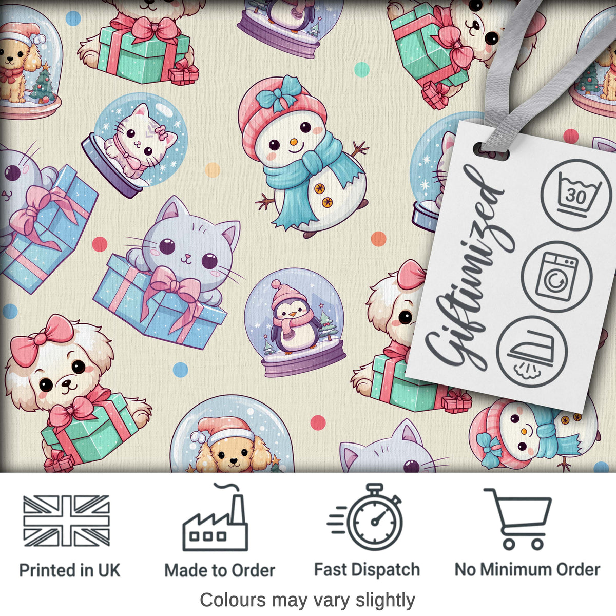 Cute Cute Kittens Puppies Snow Globes Cream Background Seamless Pattern Digital Print Fabric by the Metre UK Sewing Quilting Textile