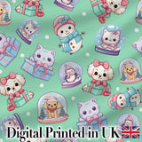 Cute Cute Kittens Puppies Snow Globes Mint Background Seamless Pattern Digital Print Fabric by the Metre UK Sewing Quilting Textile
