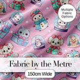 Cute Christmas Kittens Puppies Snow Globes Pink Background Seamless Pattern Digital Print Fabric by the Metre UK Sewing Quilting Textile