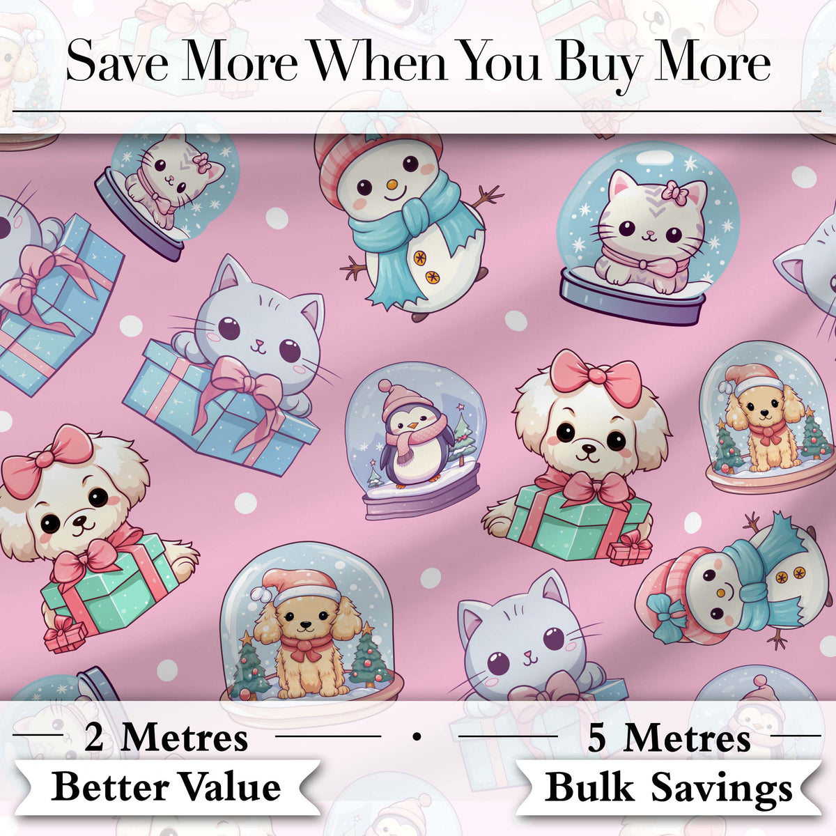 Cute Christmas Kittens Puppies Snow Globes Pink Background Seamless Pattern Digital Print Fabric by the Metre UK Sewing Quilting Textile