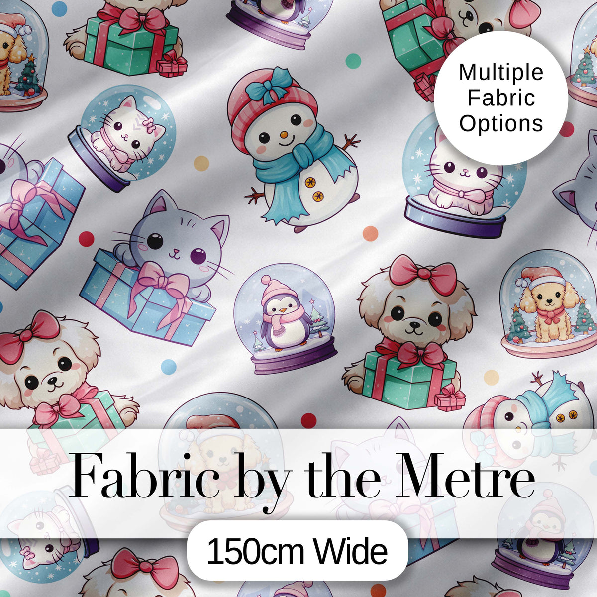 Cute Christmas Kittens Puppies Snow Globes White Background Seamless Pattern Digital Print Fabric by the Metre UK Sewing Quilting Textile