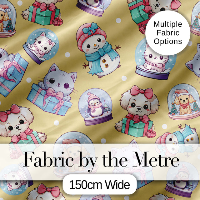Cute Christmas Kittens Puppies Snow Globes Gold Background Seamless Pattern Digital Print Fabric by the Metre UK Sewing Quilting Textile