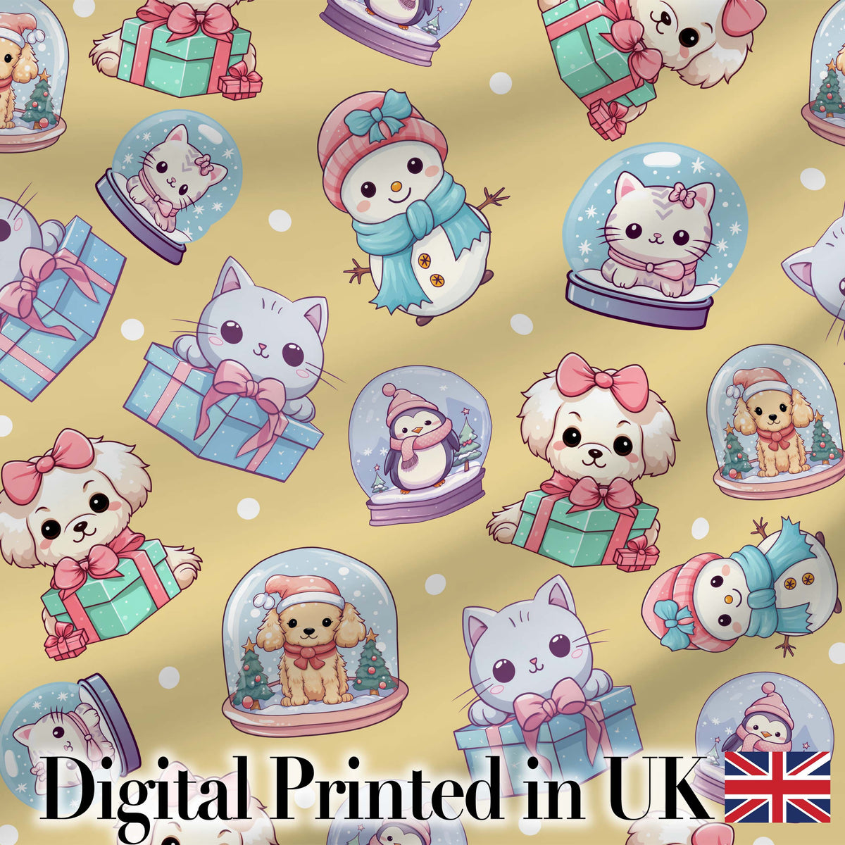 Cute Christmas Kittens Puppies Snow Globes Gold Background Seamless Pattern Digital Print Fabric by the Metre UK Sewing Quilting Textile