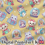 Cute Christmas Kittens Puppies Snow Globes Gold Background Seamless Pattern Digital Print Fabric by the Metre UK Sewing Quilting Textile