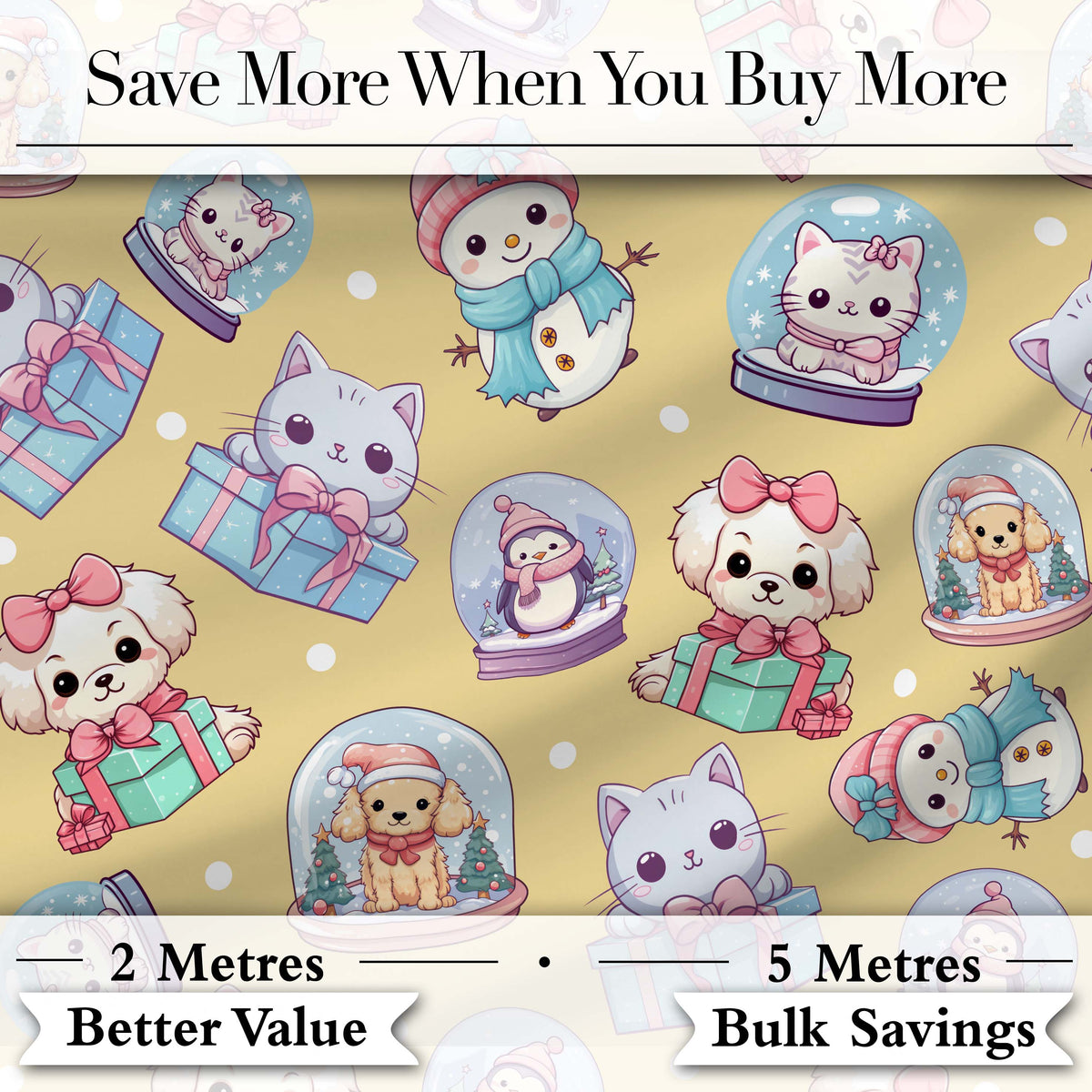 Cute Christmas Kittens Puppies Snow Globes Gold Background Seamless Pattern Digital Print Fabric by the Metre UK Sewing Quilting Textile