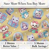Cute Christmas Kittens Puppies Snow Globes Gold Background Seamless Pattern Digital Print Fabric by the Metre UK Sewing Quilting Textile