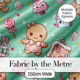 Cute Gingerbread Candy House Sweets Green Background Seamless Pattern Digital Print Fabric by the Metre UK Sewing Quilting Textile