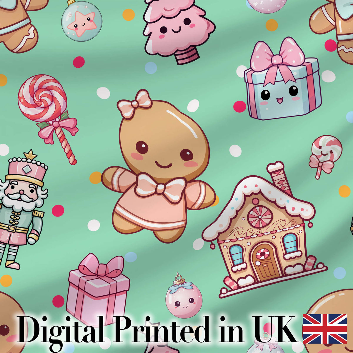 Cute Gingerbread Candy House Sweets Green Background Seamless Pattern Digital Print Fabric by the Metre UK Sewing Quilting Textile