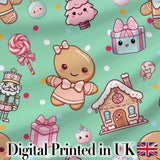 Cute Gingerbread Candy House Sweets Green Background Seamless Pattern Digital Print Fabric by the Metre UK Sewing Quilting Textile
