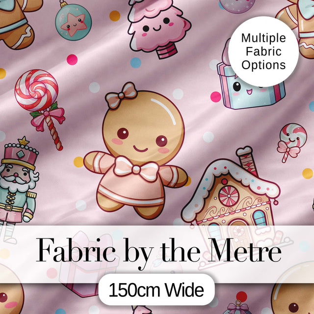Cute Gingerbread Candy House Sweets Pink Background Seamless Pattern Digital Print Fabric by the Metre UK Sewing Quilting Textile