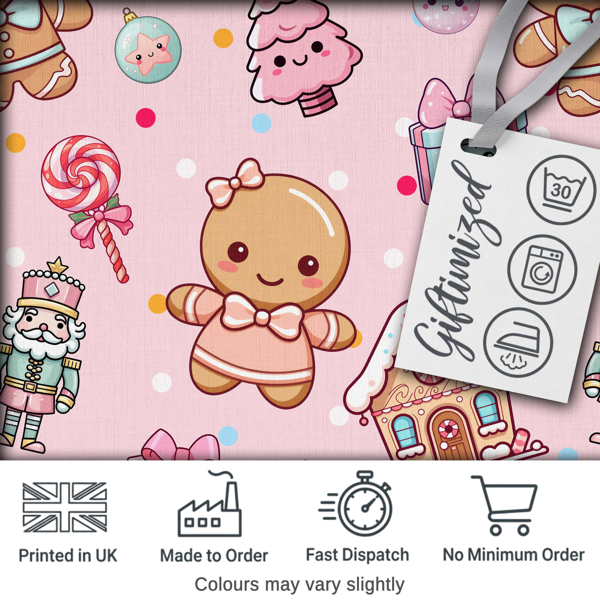 Cute Gingerbread Candy House Sweets Pink Background Seamless Pattern Digital Print Fabric by the Metre UK Sewing Quilting Textile