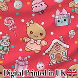 Cute Gingerbread Girl Candy House Sweets Red Background Seamless Pattern Digital Print Fabric by the Metre UK Sewing Quilting Textile