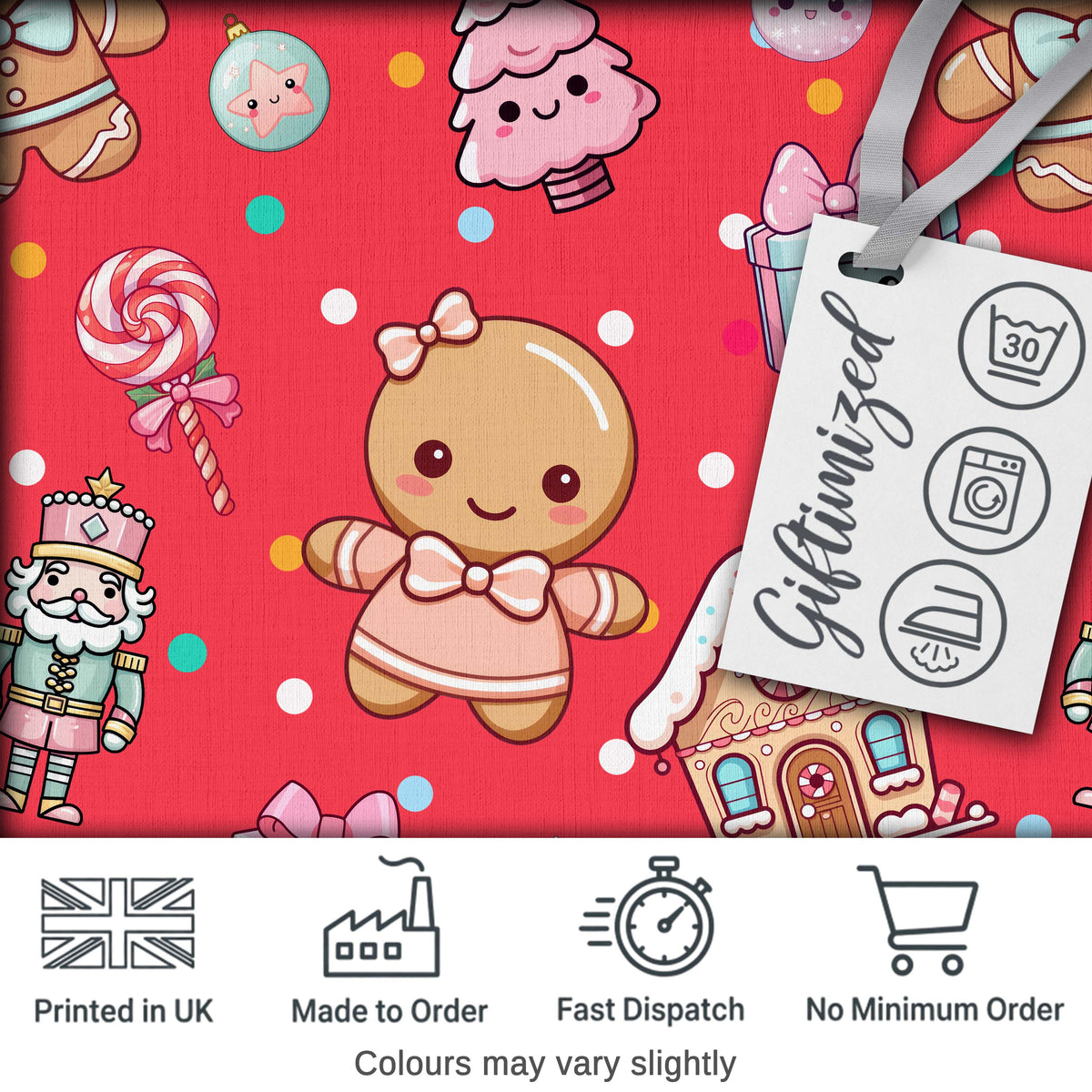 Cute Gingerbread Girl Candy House Sweets Red Background Seamless Pattern Digital Print Fabric by the Metre UK Sewing Quilting Textile