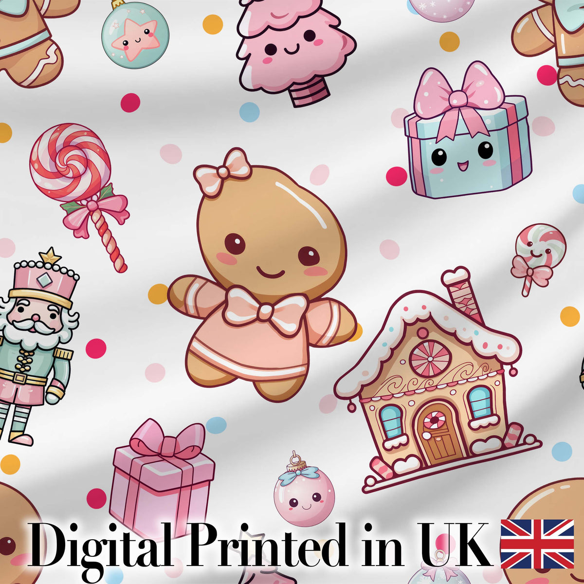 Cute Gingerbread Girl Candy House Sweets Grey Background Seamless Pattern Digital Print Fabric by the Metre UK Sewing Quilting Textile