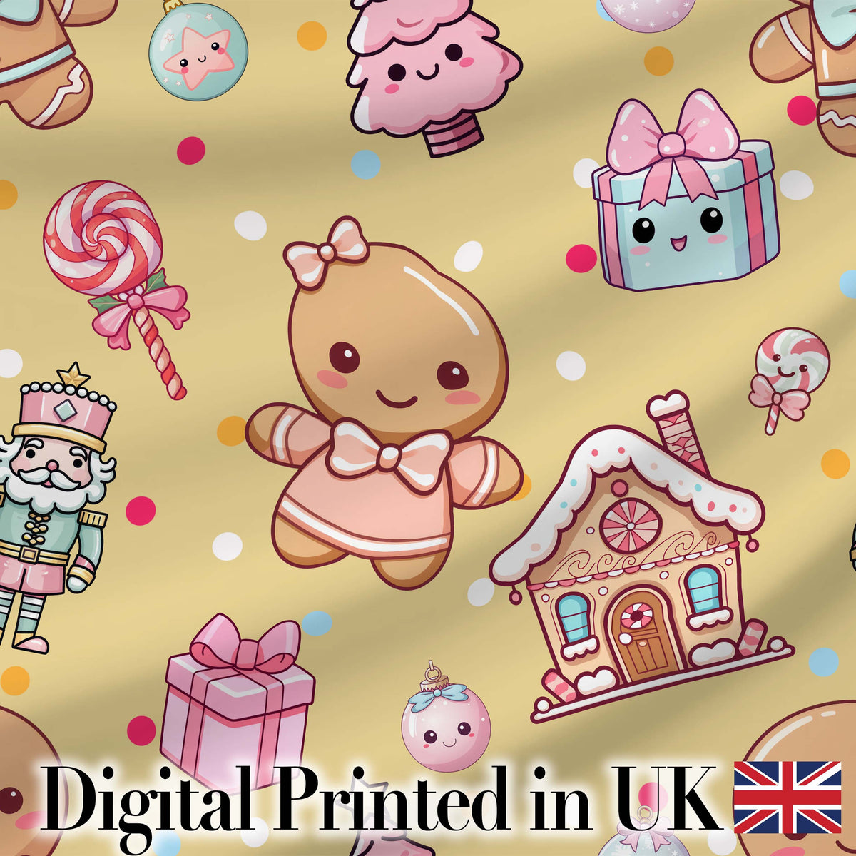Cute Gingerbread Girl Candy House Sweets Gold Background Seamless Pattern Digital Print Fabric by the Metre UK Sewing Quilting Textile