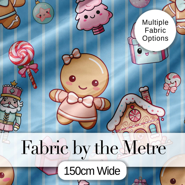 Cute Gingerbread Girl Candy House Sweet Blue Stripe Background Seamless Pattern Digital Print Fabric by the Metre UK Sewing Quilting Textile