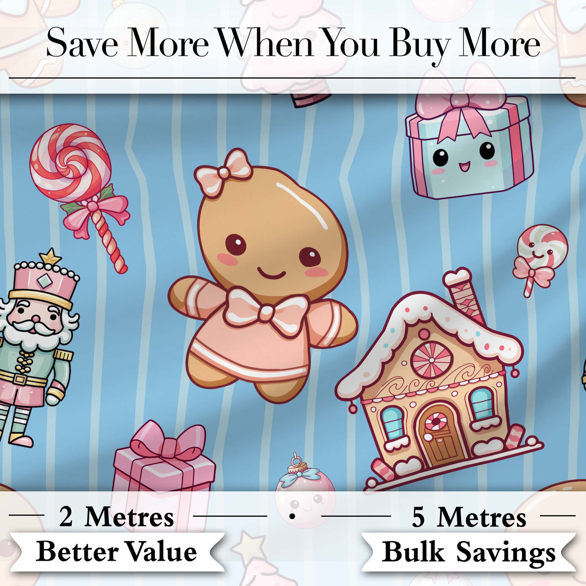 Cute Gingerbread Girl Candy House Sweet Blue Stripe Background Seamless Pattern Digital Print Fabric by the Metre UK Sewing Quilting Textile