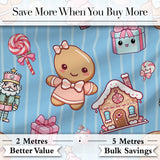Cute Gingerbread Girl Candy House Sweet Blue Stripe Background Seamless Pattern Digital Print Fabric by the Metre UK Sewing Quilting Textile
