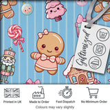 Cute Gingerbread Girl Candy House Sweet Blue Stripe Background Seamless Pattern Digital Print Fabric by the Metre UK Sewing Quilting Textile