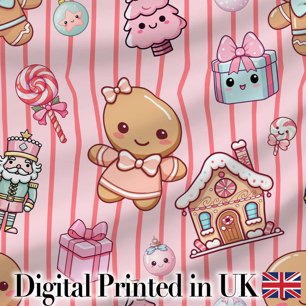 Cute Gingerbread Girl Candy House Sweet Pink Stripe Background Seamless Pattern Digital Print Fabric by the Metre UK Sewing Quilting Textile