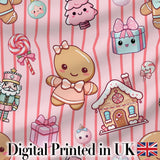 Cute Gingerbread Girl Candy House Sweet Pink Stripe Background Seamless Pattern Digital Print Fabric by the Metre UK Sewing Quilting Textile