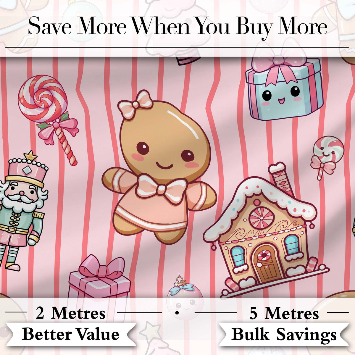 Cute Gingerbread Girl Candy House Sweet Pink Stripe Background Seamless Pattern Digital Print Fabric by the Metre UK Sewing Quilting Textile