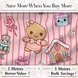 Cute Gingerbread Girl Candy House Sweet Pink Stripe Background Seamless Pattern Digital Print Fabric by the Metre UK Sewing Quilting Textile