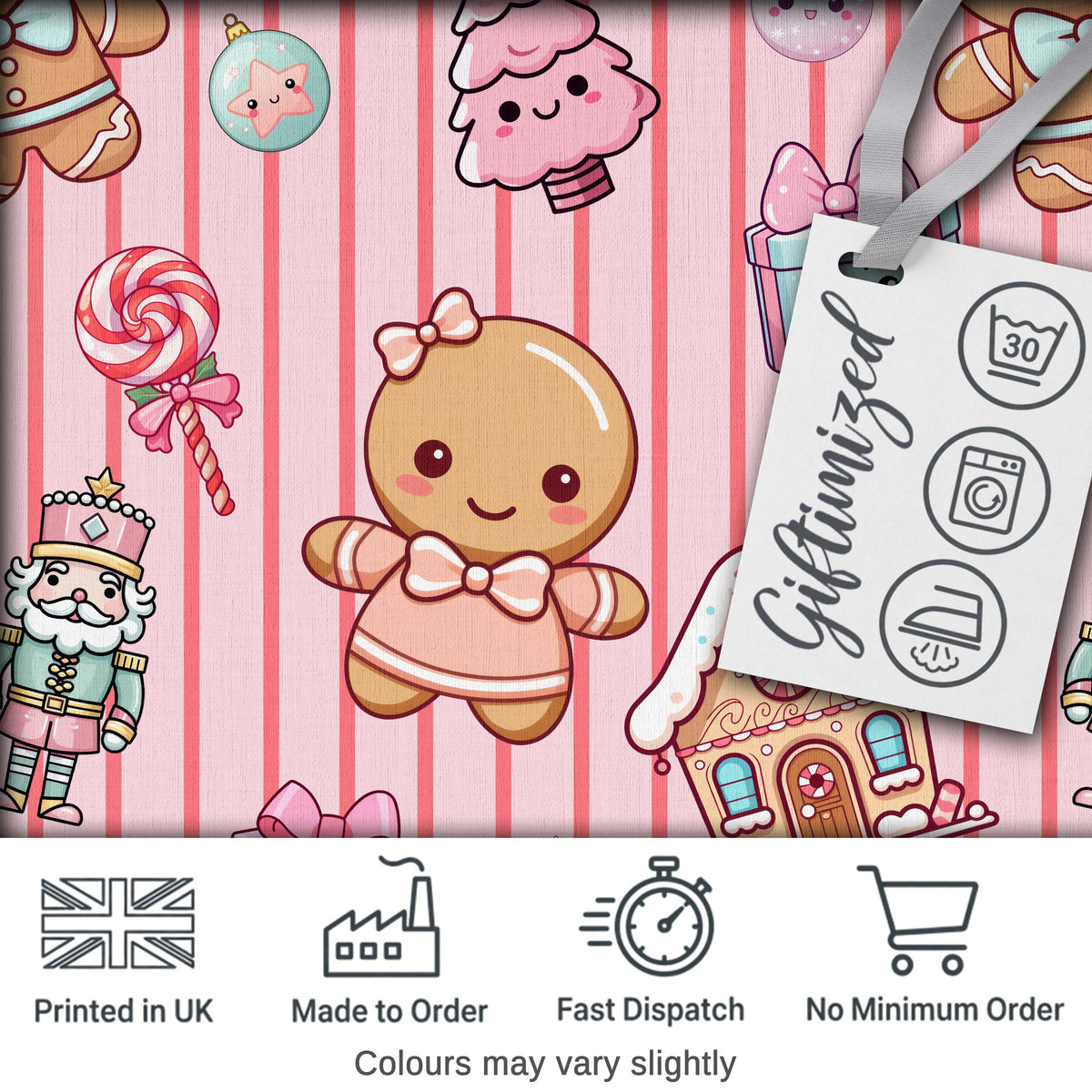 Cute Gingerbread Girl Candy House Sweet Pink Stripe Background Seamless Pattern Digital Print Fabric by the Metre UK Sewing Quilting Textile