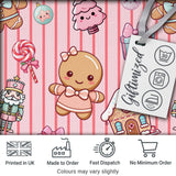 Cute Gingerbread Girl Candy House Sweet Pink Stripe Background Seamless Pattern Digital Print Fabric by the Metre UK Sewing Quilting Textile