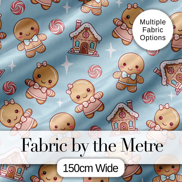 Cute Gingerbread Cookies Candy Stars Blue Background Seamless Pattern Digital Print Fabric by the Metre UK Sewing Quilting Textile