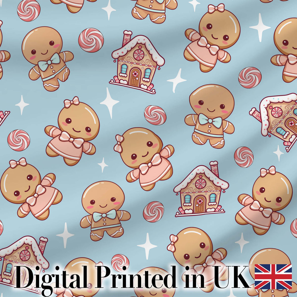 Cute Gingerbread Cookies Candy Stars Blue Background Seamless Pattern Digital Print Fabric by the Metre UK Sewing Quilting Textile