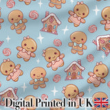 Cute Gingerbread Cookies Candy Stars Blue Background Seamless Pattern Digital Print Fabric by the Metre UK Sewing Quilting Textile