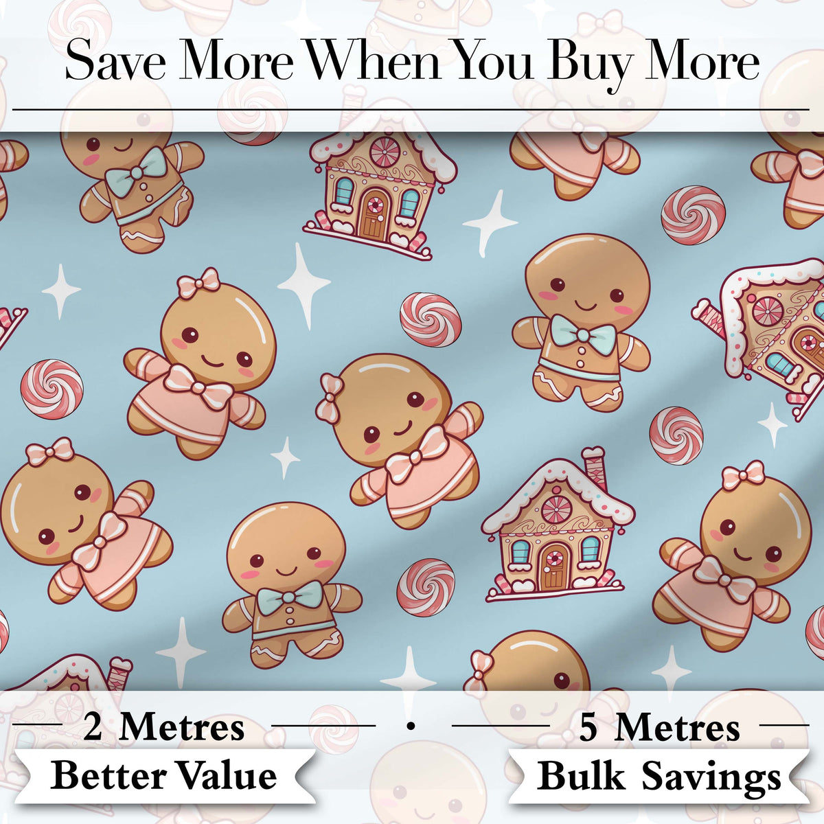 Cute Gingerbread Cookies Candy Stars Blue Background Seamless Pattern Digital Print Fabric by the Metre UK Sewing Quilting Textile