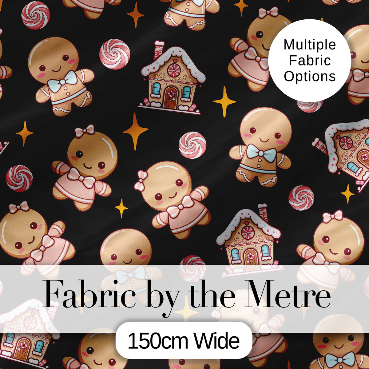 Cute Gingerbread Cookies Candy Stars Black Background Seamless Pattern Digital Print Fabric by the Metre UK Sewing Quilting Textile