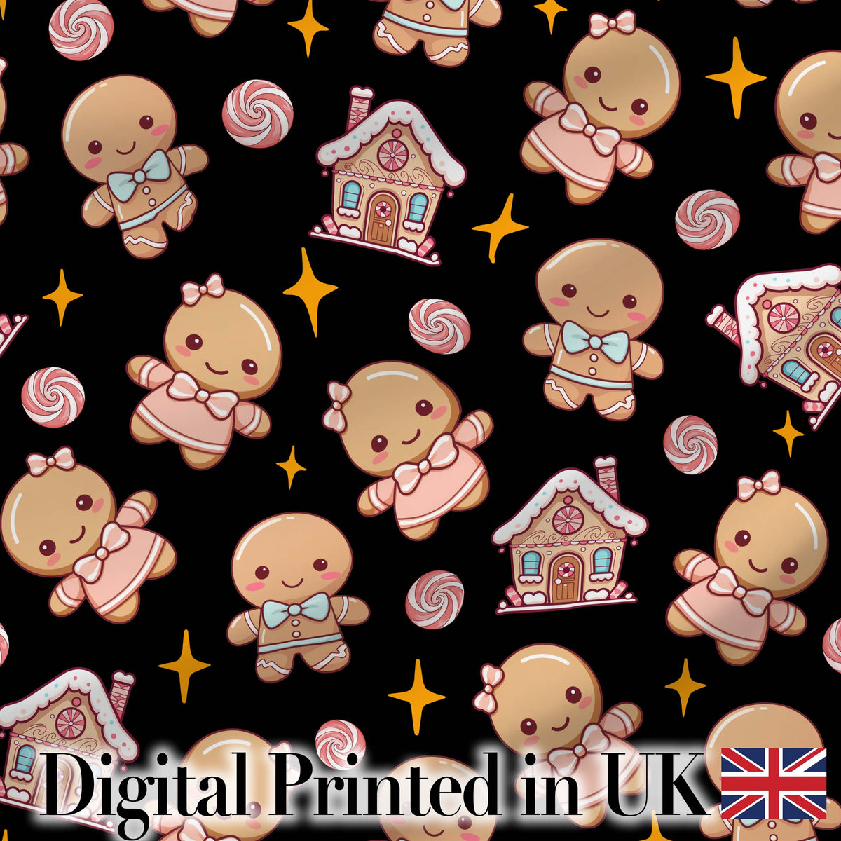 Cute Gingerbread Cookies Candy Stars Black Background Seamless Pattern Digital Print Fabric by the Metre UK Sewing Quilting Textile