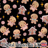 Cute Gingerbread Cookies Candy Stars Black Background Seamless Pattern Digital Print Fabric by the Metre UK Sewing Quilting Textile